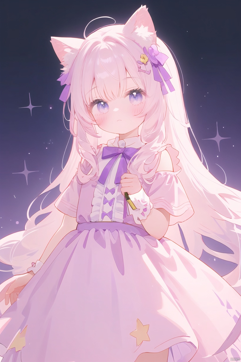 A young girl stood alone, dressed in a gorgeous purple and pink dress, with a deep night sky in the background. Her hair accessories were adorned with stars, as if purple clouds intertwined with the dreams of unicorns. Her clothing is full of Harajuku style, with cute ribbons and unicorn elements, and soft and dreamy colors.The girl's hair is purple and pink, paired with a purple bow, sweet and mysterious. The tight fitting suit and fluffy skirt outline her fashionable figure, while the cleverly hidden bandage on her left hand adds a sense of mystery.The screen focuses on the young girl, with deep and charming eyes and gentle ears hanging slightly. The colors are bright and vivid, based on physical rendering, showcasing the lifelike figure of a girl.High definition full body photo with hair decoration clearly visible. The perfect combination of teenage beauty and unique aesthetics creates intoxicating purple and pink dreamy scenes.