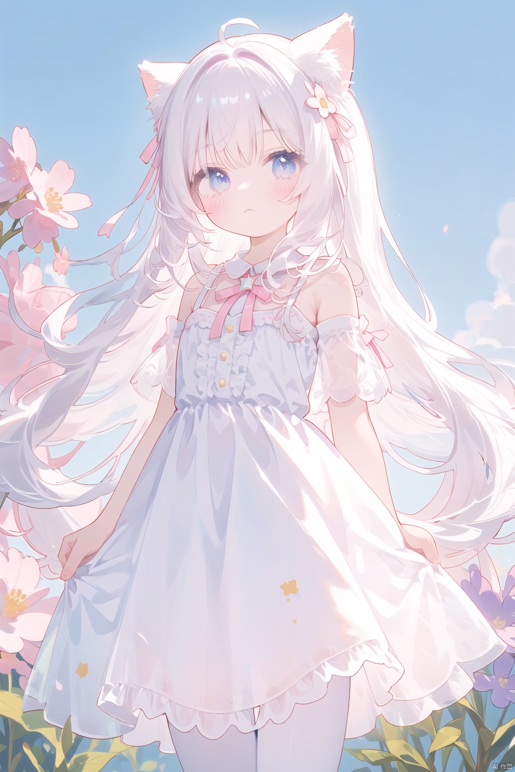 A girl standing alone, wearing a dreamy dress, standing in front of a pure white background, expressionless.The picture style is a soft Pastel Kawaii style, with warm and soft colors.The girl's hair accessory is decorated with star barrettes, and behind her are dreamy unicorns and clouds.Her clothes are quintessentially Kawaii, full of Harajuku, decorated with lace, bows, and cute colors.There are also shimmering lights and angelic elements and stars incorporated into the image.The girl's hair is a pastel shade and she is wearing loose-fitting street fashion clothing, with one of her hands hidden.Her long white hair is tied with a wide pink bow, giving off a Cuteloli vibe.The picture quality is extremely high, delicately capturing the body curves of a young girl, as if she were a Russian girl.She is 17 years old, has long flowing hair, and wears a lacy tights and lace skirt.Her hair is decorated with exquisite ornaments, her eyes are beautiful, and the whole picture is full of beauty and aesthetics.The reso