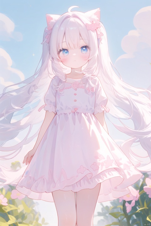  1 girl, solo, dress, standing, white background, expressionless, ((Pastel Kawaii)), pastel colors, dreamy, star hairclips, unicorns, clouds, kawaii, harajuku style clothes, ribbons, soft filter, cute colors, sparkles, angelic elements, stars, pastel colored hair, bandages, baggy clothes, street fashion,hide left hand,white hair,big pink ribbon, cuteloli, LeotardGirl, high quality body photography of a young girl, Russian girl, 1girl, 17yo, long hair, (floral LeotardGirl, LaceSkirt), detailed hair ornament,beautiful detailed eyes,beautiful and aesthetic,super high resolution,Vivid colors, Vivid colors, Sharp focus, Physically-based rendering,[[fullbody]],
, ears down