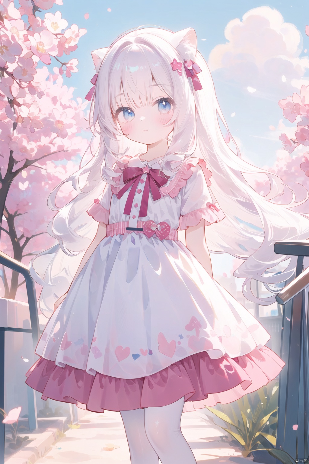 A girl standing alone, wearing a dreamy dress, standing in front of a pure white background, expressionless.The picture style is a soft Pastel Kawaii style, with warm and soft colors.The girl's hair accessory is decorated with star barrettes, and behind her are dreamy unicorns and clouds.Her clothes are quintessentially Kawaii, full of Harajuku, decorated with lace, bows, and cute colors.There are also shimmering lights and angelic elements and stars incorporated into the image.The girl's hair is a pastel shade and she is wearing loose-fitting street fashion clothing, with one of her hands hidden.Her long white hair is tied with a wide pink bow, giving off a Cuteloli vibe.The picture quality is extremely high, delicately capturing the body curves of a young girl, as if she were a Russian girl.She is 17 years old, has long flowing hair, and wears a lacy tights and lace skirt.Her hair is decorated with exquisite ornaments, her eyes are beautiful, and the whole picture is full of beauty and aesthetics.The reso