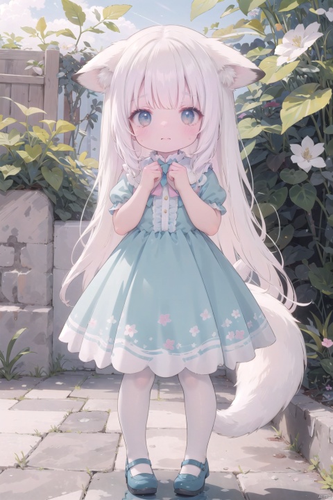  (kawaii background:1.3), (extremely detailed fine touch:1.3), (hard light, studio light, light rays, dappled light, reflection, shadows, ray tracing:1.0), ///, catgirl, long hair, white hair, Princess, full body, sky, cloud, flower, glass shoes,(white fox tail),white pantyhose,loli
, ears down,hands behind back