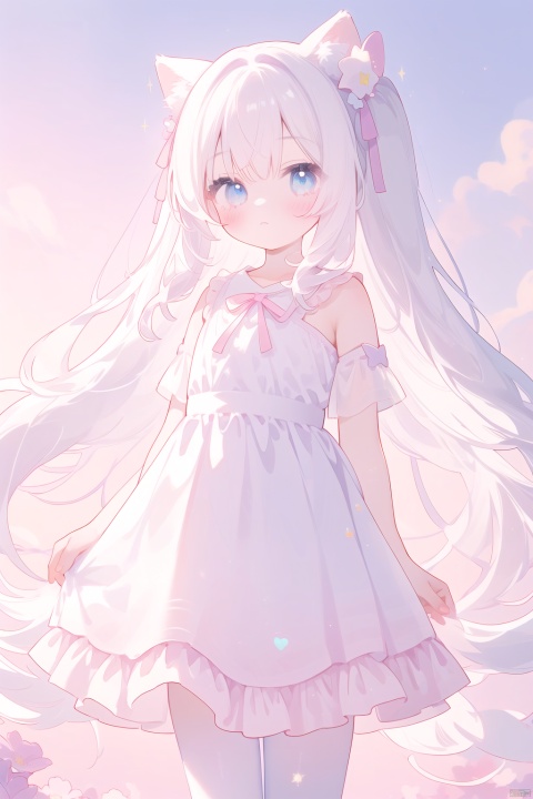  1 girl, solo, dress, standing, white background, expressionless, ((Pastel Kawaii)), pastel colors, dreamy, star hairclips, unicorns, clouds, kawaii, harajuku style clothes, ribbons, soft filter, cute colors, sparkles, angelic elements, stars, pastel colored hair, bandages, baggy clothes, street fashion,hide left hand,white hair,big pink ribbon, cuteloli, LeotardGirl, high quality body photography of a young girl, Russian girl, 1girl, 17yo, long hair, (floral LeotardGirl, LaceSkirt), detailed hair ornament,beautiful detailed eyes,beautiful and aesthetic,super high resolution,Vivid colors, Vivid colors, Sharp focus, Physically-based rendering,[[fullbody]],
