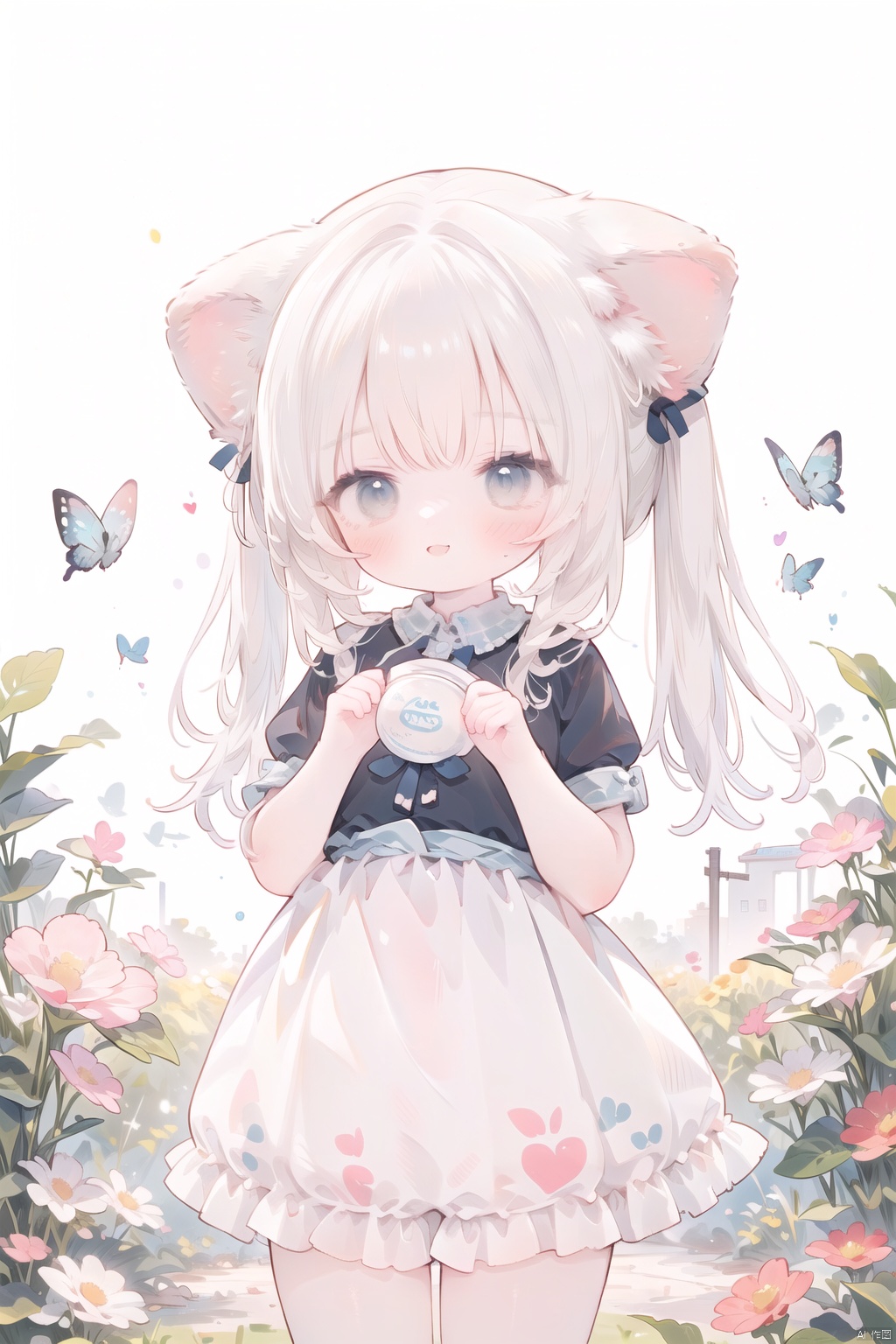 (earsdown:1.5),A cute girl with a charming hairstyle like animal ears stands against a simple but beautiful background.The background is a meadow,the sun is shining on her,and there are tiny flowers and butterflies dancing in the picture.She smiles,her eyes are bright and innocent,and the whole picture presents an atmosphere of warmth and joy.This is a high-definition painting with such exquisite detail that one feels as if one can personally touch every contour of her body and every tiny hair.The whole picture is full of vitality and youth,making people feel like they are in a fairy tale world.,animal ear request, cat,holding a kitten,Masterpiece:1.2,highquality,cat,