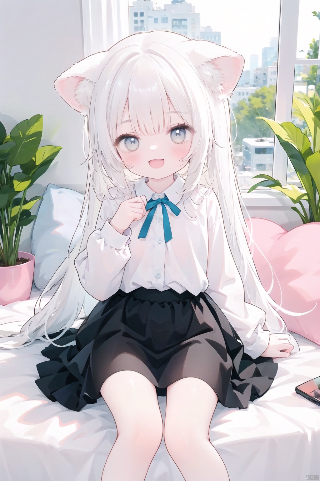 1girl, solo, long hair, looking at viewer, blush, smile, open mouth, bangs, skirt, shirt, long sleeves, holding, animal ears, sitting, very long hair, tail, white shirt, white hair, :d, pleated skirt, open clothes, fang, puffy sleeves, collared shirt, indoors, cat ears, black skirt, animal ear fluff, grey eyes, window, dress shirt, feet out of frame, stuffed toy, stuffed animal, plant, cat girl, puffy long sleeves, potted plant