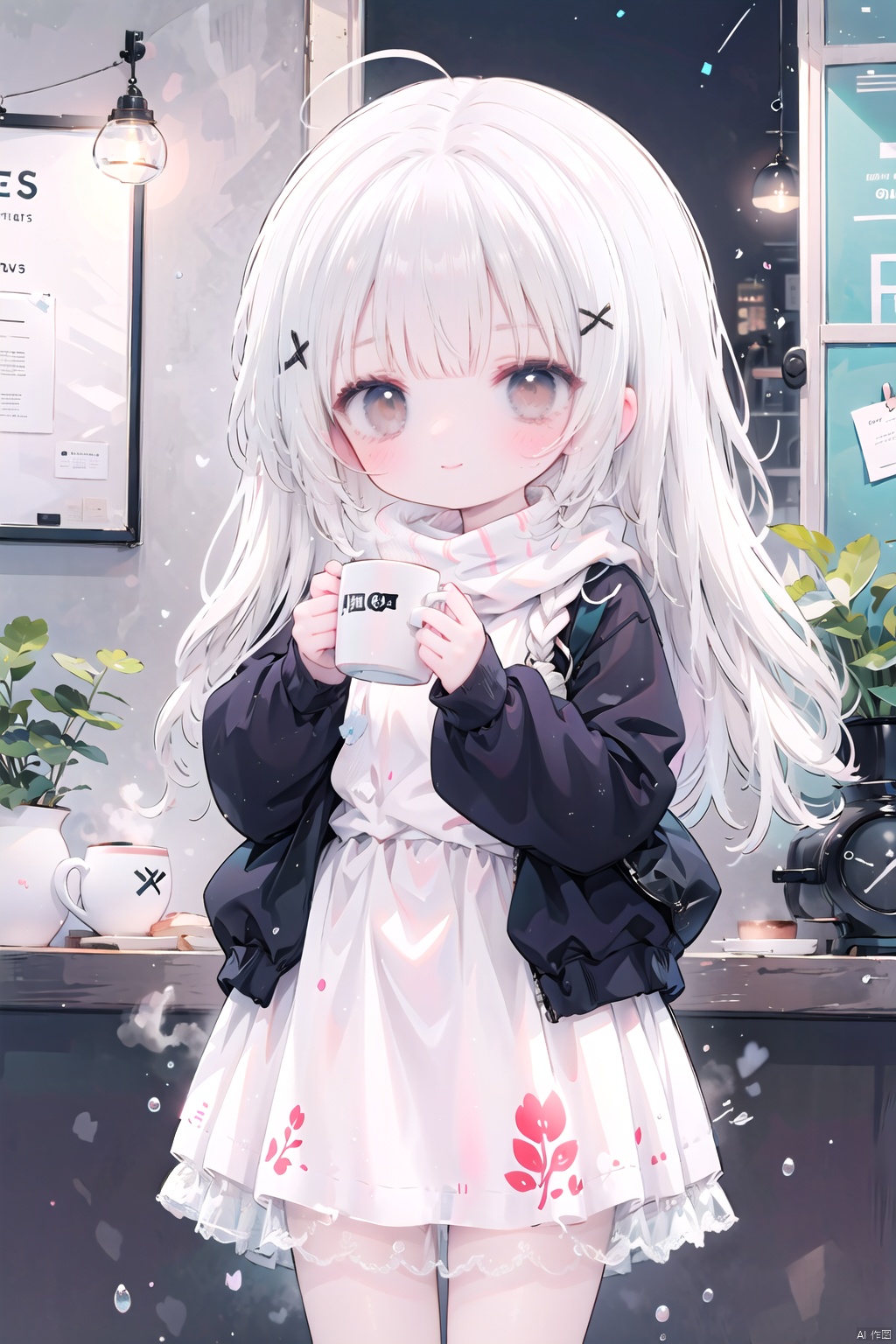  1girl, skirt, cup, long hair, solo, holding, holding cup, looking at viewer, sweater, hair ornament, bangs, night, long skirt, scarf, mug, long sleeves, brown eyes, plaid, ahoge, window, plaid skirt, blush, standing, hairclip, white sweater, building, turtleneck, closed mouth, very long hair, turtleneck sweater, indoors, fringe trim, coffee mug, jacket, white hair, x hair ornament, red skirt, outdoors, hands up, smile, grey hair