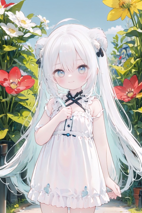  1girl, solo, long hair, looking at viewer, blush, smile, bangs, hair ornament, red eyes, long sleeves, dress, holding, hair between eyes, bare shoulders, very long hair, closed mouth, blue hair, standing, flower, ahoge, sidelocks, outdoors, detached sleeves, horns, hair flower, wide sleeves, blurry, black dress, night, red flower, lantern, stairs, paper lantern, ganyu \(genshin impact\)