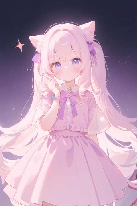 A young girl stood alone, dressed in a gorgeous purple and pink dress, with a deep night sky in the background. Her hair accessories were adorned with stars, as if purple clouds intertwined with the dreams of unicorns. Her clothing is full of Harajuku style, with cute ribbons and unicorn elements, and soft and dreamy colors.The girl's hair is purple and pink, paired with a purple bow, sweet and mysterious. The tight fitting suit and fluffy skirt outline her fashionable figure, while the cleverly hidden bandage on her left hand adds a sense of mystery.The screen focuses on the young girl, with deep and charming eyes and gentle ears hanging slightly. The colors are bright and vivid, based on physical rendering, showcasing the lifelike figure of a girl.High definition full body photo with hair decoration clearly visible. The perfect combination of teenage beauty and unique aesthetics creates intoxicating purple and pink dreamy scenes.