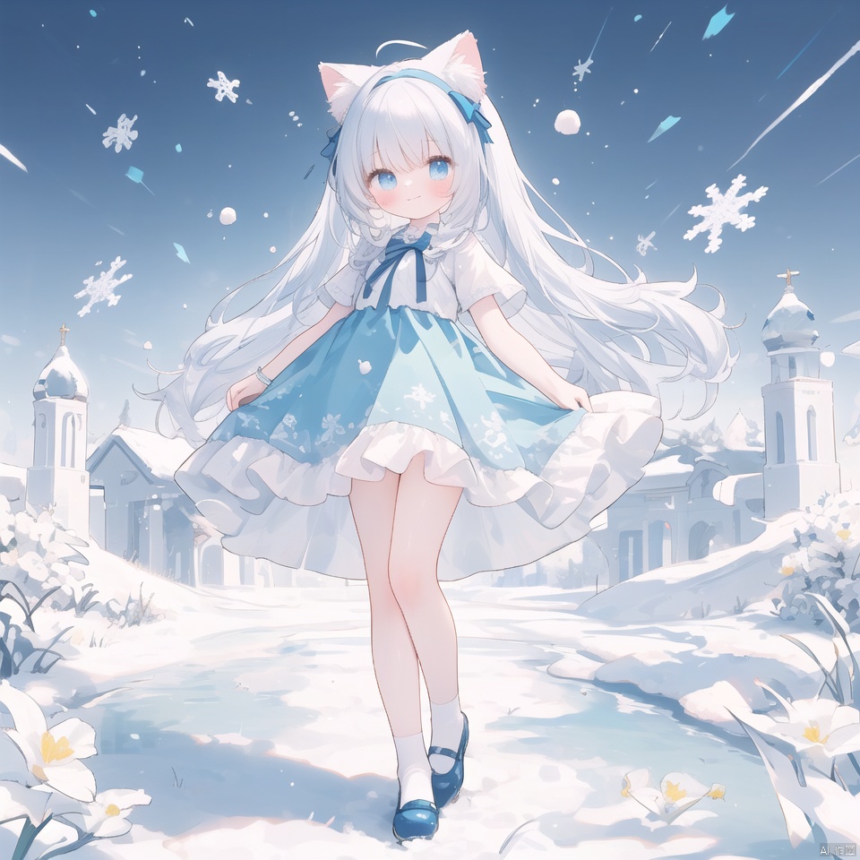 girl, sky-blue eyes, light blue hair, fluffy cat ears, slight smile, headband, long hair, Hair dotted with scattered white flowers, wearing white and blue dress, wearing white socks, wearing blue shoes, Behind a sky-blue bow ribbon, standing, dance movements, snow background, falling snow, the perfect hexagonal pattern of snowflakes, a snowman in the background, HD, high quality, exquisite characterization, depth of field, slightly blurred background, focus,