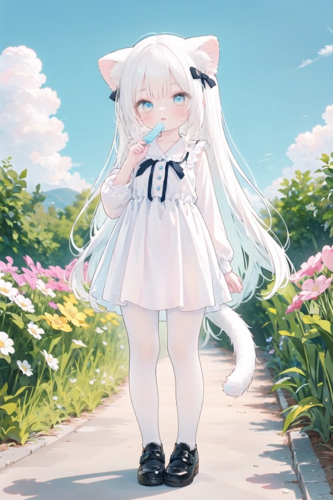 1girl, solo, long hair, looking at viewer, blush, bangs, blue eyes, dress, bow, holding, animal ears, very long hair, standing, tail, full body, flower, white hair, short sleeves, pantyhose, outdoors, frills, parted lips, food, sky, shoes, day, puffy sleeves, cloud, cat ears, hand up, black footwear, white dress, blue sky, puffy short sleeves, cat tail, animal ear fluff, black bow, frilled dress, holding food, white flower, cat girl, red flower, building, mary janes, white pantyhose, popsicle