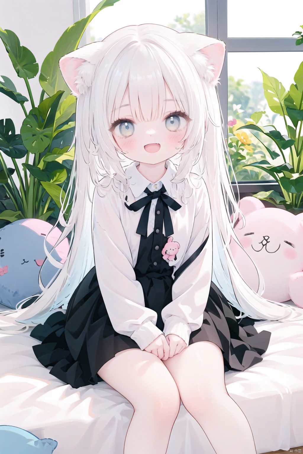 1girl, solo, long hair, looking at viewer, blush, smile, open mouth, bangs, skirt, shirt, long sleeves, holding, animal ears, sitting, very long hair, tail, white shirt, white hair, :d, pleated skirt, open clothes, fang, puffy sleeves, collared shirt, indoors, cat ears, black skirt, animal ear fluff, grey eyes, window, dress shirt, feet out of frame, stuffed toy, stuffed animal, plant, cat girl, puffy long sleeves, potted plant