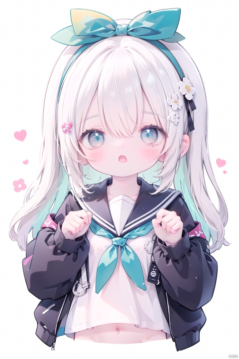  (masterpiece), (best quality), illustration, ultra detailed, hdr, (colorful),1girl, solo, long hair, looking at viewer, blush, open mouth, bangs, blue eyes, simple background, shirt, hair ornament, long sleeves, white background, ribbon, hair between eyes, school uniform, blue hair, jacket, hair ribbon, white shirt, upper body, pink hair, flower, heart, multicolored hair, hairband, open clothes, serafuku, puffy sleeves, virtual youtuber, hair flower, sailor collar, :o, two-tone hair, open jacket, black jacket, neckerchief, hands up, halo, white flower, puffy long sleeves, white sailor collar, cropped torso, blue hairband, pink neckerchief