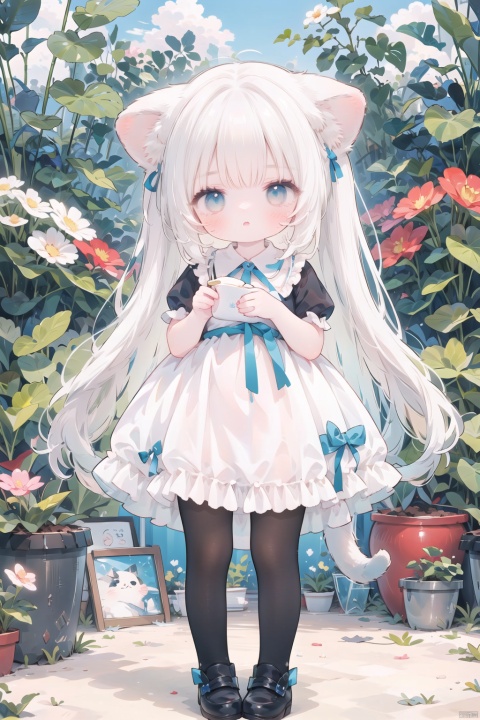  1girl, solo, long hair, looking at viewer, blush, bangs, blue eyes, shirt, dress, holding, animal ears, very long hair, standing, tail, full body, white shirt, flower, white hair, short sleeves, pantyhose, outdoors, frills, parted lips, shoes, puffy sleeves, cat ears, puffy short sleeves, animal ear fluff, blue dress, frilled dress, plant, white flower, child, extra ears, mary janes, white pantyhose, blue footwear, female child, pigeon-toed, cat