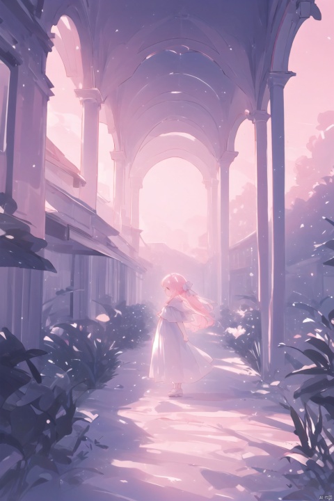 Theme and Characters:Girl, white long dress, white clothes, pink shawl, pink hair accessories, white large bow back decoration, pink small bow tied on the waist, white small bow tied on the hair.Skirt hem and details: The skirt hem is as light as clouds, with layered folds and exquisite lace edges.Background and Environment: Fantastic background, ethereal clouds and mist, brilliant rainbows, mysterious buildings, and natural color schemes.Detail handling: Clear hair, clear and bright eyes, fair and delicate skin.Image quality and style: High definition and delicate, full color, natural and three-dimensional light and shadow, beautiful and romantic, fairy like temperament.