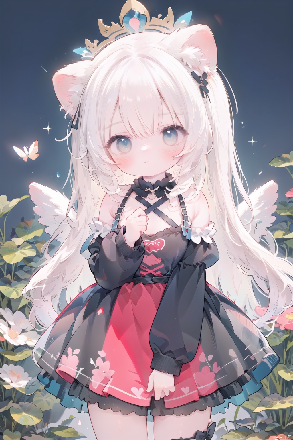 1girl, solo, long hair, looking at viewer, blush, bangs, blue eyes, long sleeves, dress, bow, hair between eyes, bare shoulders, very long hair, closed mouth, pink hair, ahoge, detached sleeves, one eye closed, wings, sleeveless, puffy sleeves, white dress, sleeveless dress, halo, on side, feathers, white bow, instrument, feathered wings, angel wings, white wings, angel, piano, grand piano, cat