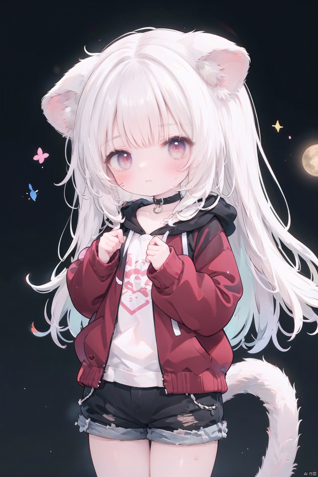 1girl, solo, long hair, looking at viewer, blush, bangs, long sleeves, animal ears, very long hair, closed mouth, tail, white hair, multicolored hair, cowboy shot, wings, shorts, choker, puffy sleeves, cat ears, hood, pink eyes, streaked hair, cat tail, animal ear fluff, short shorts, hoodie, :3, black choker, moon, hood down, cat girl, puffy long sleeves, white shorts, drawstring, pink hoodie