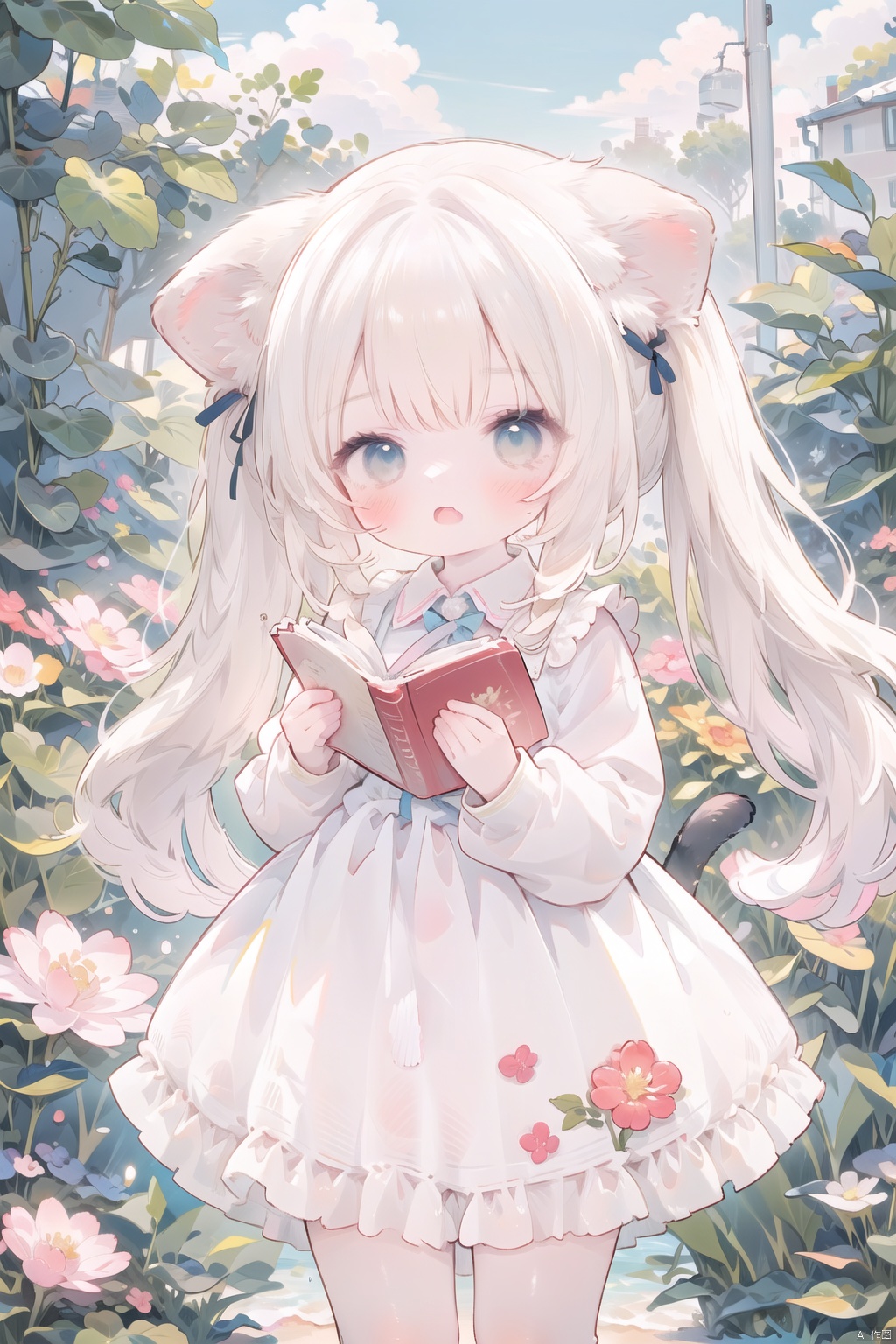 1girl, solo, long hair, looking at viewer, blush, open mouth, bangs, blue eyes, blonde hair, long sleeves, dress, holding, animal ears, twintails, standing, tail, flower, outdoors, day, puffy sleeves, cat ears, white dress, animal ear fluff, grey eyes, book, bug, plant, white flower, butterfly, child, pink flower, puffy long sleeves, holding book, collared dress, female child