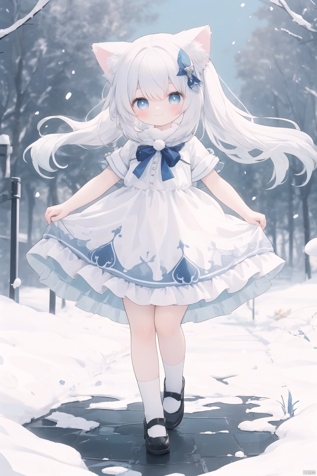 girl, sky-blue eyes, light blue hair, fluffy cat ears, slight smile, headband, long hair, Hair dotted with scattered white flowers, wearing white and blue dress, wearing white socks, wearing blue shoes, Behind a sky-blue bow ribbon, standing, dance movements, snow background, falling snow, the perfect hexagonal pattern of snowflakes, a snowman in the background, HD, high quality, exquisite characterization, depth of field, slightly blurred background, focus,