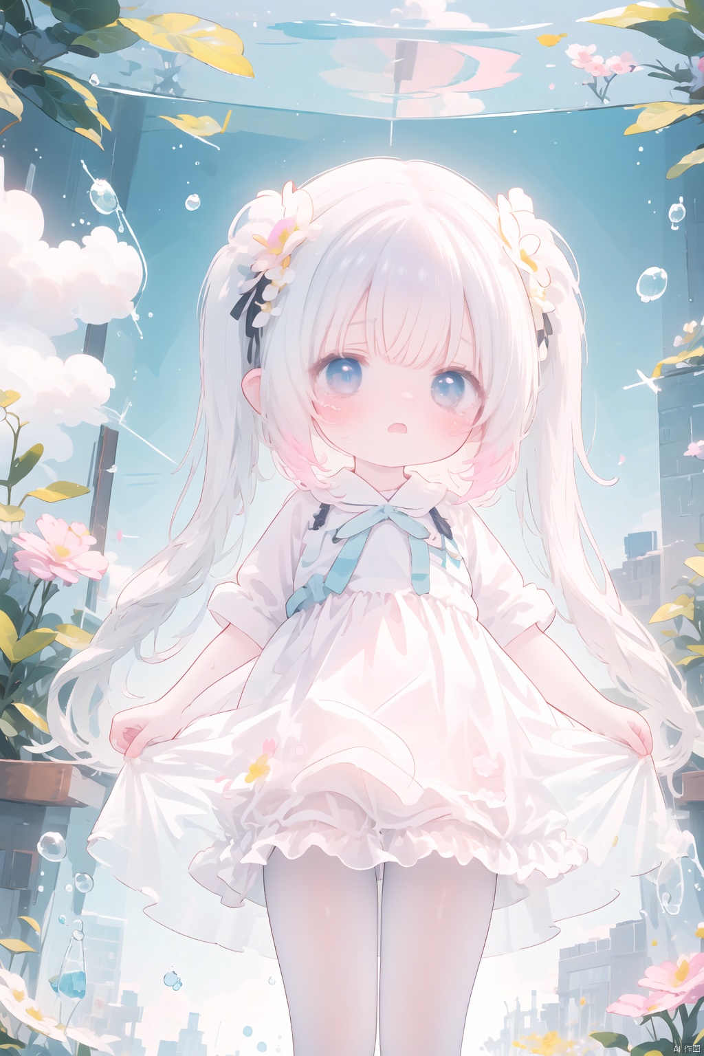  8k Wallpaper,grand,(((masterpiece))), (((best quality))), ((ultra-detailed)), (illustration), ((an extremely delicate and beautiful)),dynamic angle,rainbow hair,detailed cute anime face,((loli)),(((masterpiece))),an extremely delicate and beautiful girl,flower,cry,water,corrugated,flowers tire,broken glass,(broken screen),atlantis,transparent glass, ears down, loli, 1girl, white pantyhose