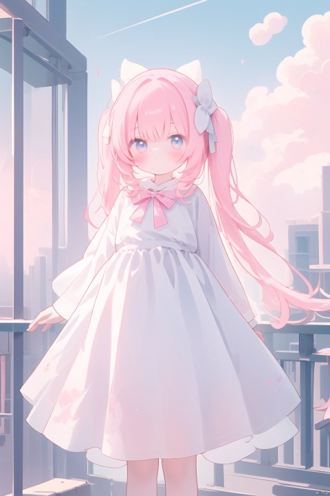 Theme and Characters:Girl, white long dress, white clothes, pink shawl, pink hair accessories, white large bow back decoration, pink small bow tied on the waist, white small bow tied on the hair.Skirt hem and details: The skirt hem is as light as clouds, with layered folds and exquisite lace edges.Background and Environment: Fantastic background, ethereal clouds and mist, brilliant rainbows, mysterious buildings, and natural color schemes.Detail handling: Clear hair, clear and bright eyes, fair and delicate skin.Image quality and style: High definition and delicate, full color, natural and three-dimensional light and shadow, beautiful and romantic, fairy like temperament.