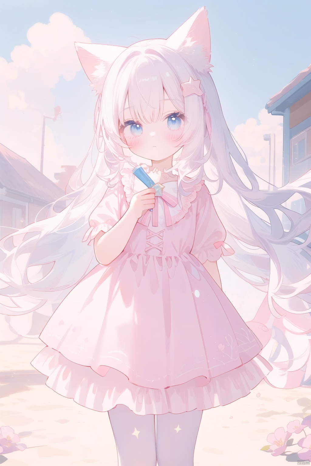  1 girl, solo, dress, standing, white background, expressionless, ((Pastel Kawaii)), pastel colors, dreamy, star hairclips, unicorns, clouds, kawaii, harajuku style clothes, ribbons, soft filter, cute colors, sparkles, angelic elements, stars, pastel colored hair, bandages, baggy clothes, street fashion,hide left hand,white hair,big pink ribbon, cuteloli, LeotardGirl, high quality body photography of a young girl, Russian girl, 1girl, 17yo, long hair, (floral LeotardGirl, LaceSkirt), detailed hair ornament,beautiful detailed eyes,beautiful and aesthetic,super high resolution,Vivid colors, Vivid colors, Sharp focus, Physically-based rendering,[[fullbody]],
, ears down