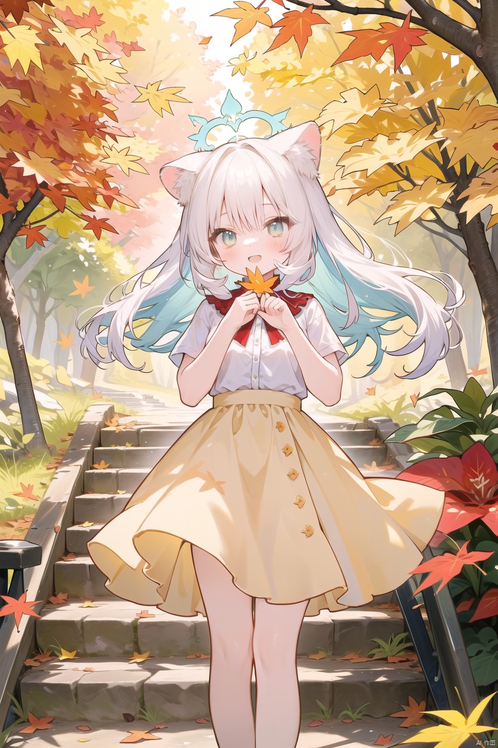 In this autumn afternoon, the sun shines through the gaps in the leaves and shines on a special girl.She has a pair of pointed cat ears and a soft cat tail, which adds a bit of mystery and playfulness to her.Her face is delicate and delicate, and her eyes are as clear as cat eyes, sparkling with curiosity and agility.The girl was wearing an autumn-style dress, and the skirt swayed gently with her steps, as if she was dancing with the wind.The design of the skirt is delicate and elegant, with exquisite embroidered patterns that complement her cat ears and tail.The color of the skirt is mainly warm tones, which perfectly blends with the surrounding autumn scenery, presenting a warm and harmonious feeling.The surroundings are equally intoxicating.The girl was in a golden forest, with fallen leaves covering the ground, making a rustling sound when stepped on.The sun shone on her through the leaves, casting a golden halo on her.Around her, there are several cute little animals playing, adding a bit of liveliness