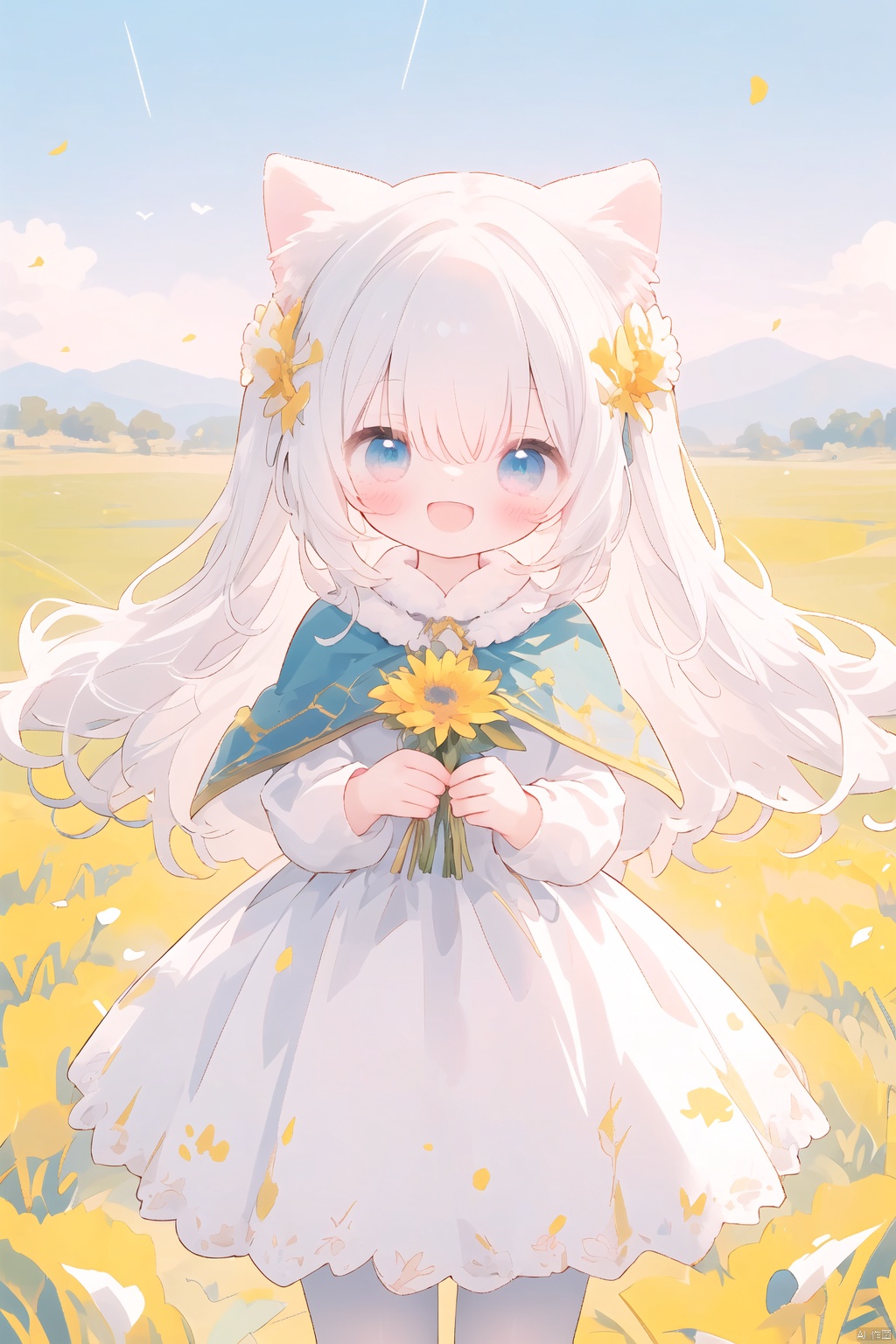  (drawn by Lynn Okamoto),center frame, sharp focus, (panorama, wide shot), best quality, masterpiece, extremely detailed, detailed background, (from above:1.2), 1girl, catgirl,solo,loli,blue eyes,white hair, closed one eye, smile, open mouth, skirt, long hair, wavy hair, on side, fluffy hair, , french , blush, smile, capelet, lace trim, bodice, sunset, long dress, dusk, scenery, gold sky, high place, horizon, wheat field, wheat ears, wind, wind blow, looking at viewer, (depth of field), bokeh, (holding a flower:1.3), (holding:1.2),(medium):0.5, white pantyhose
