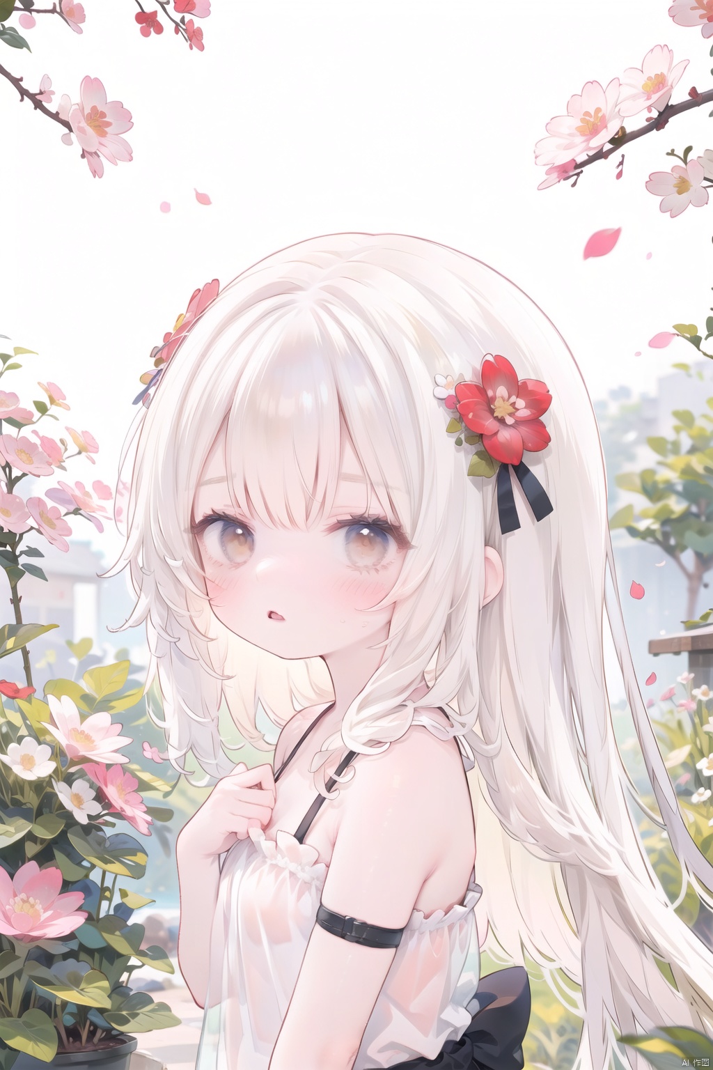1girl, solo, long hair, looking at viewer, bangs, brown hair, hair ornament, bare shoulders, brown eyes, upper body, flower, outdoors, parted lips, hair flower, blurry, from side, lips, looking to the side, petals, cherry blossoms