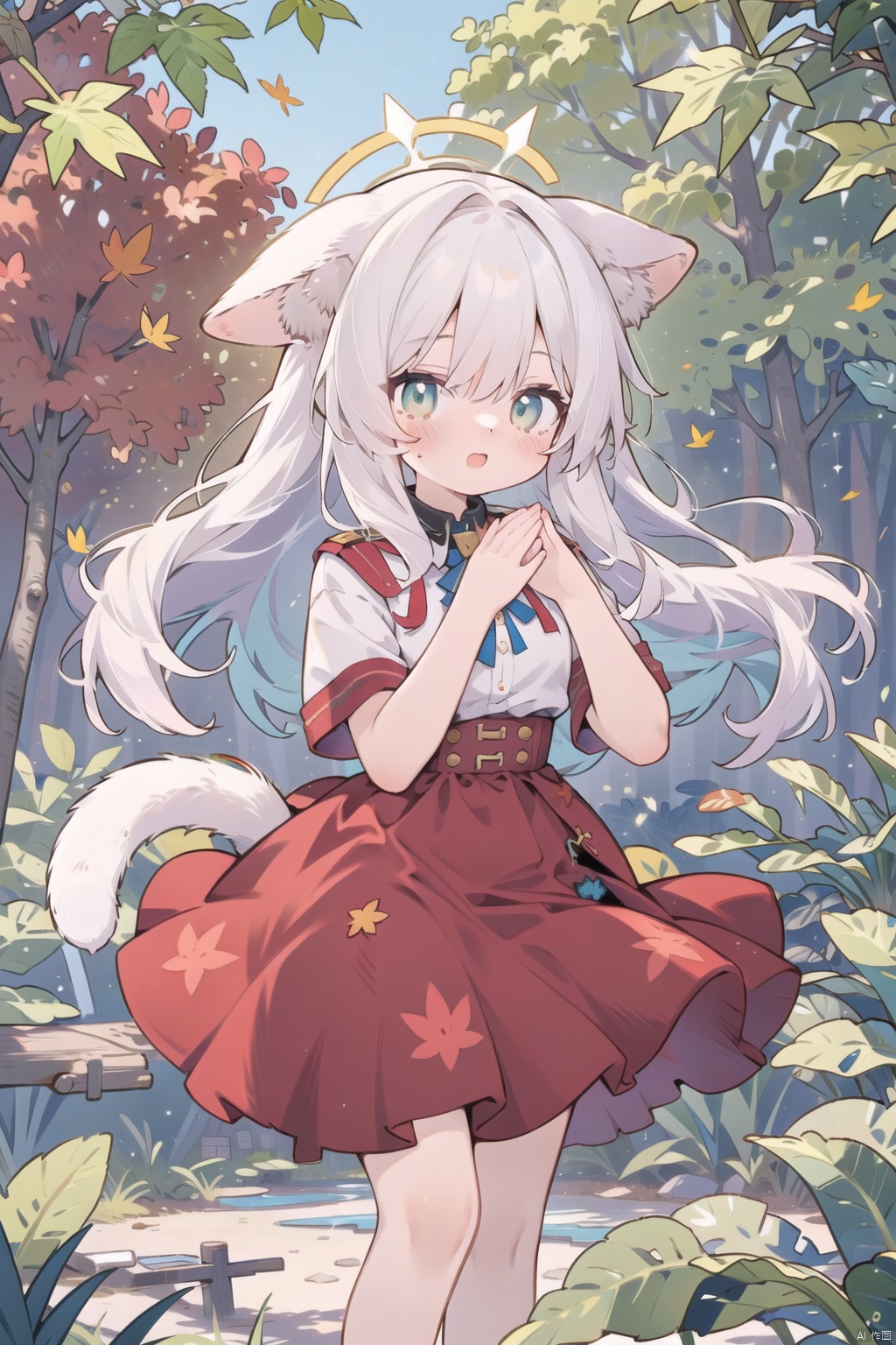 In this autumn afternoon, the sun shines through the gaps in the leaves and shines on a special girl.She has a pair of pointed cat ears and a soft cat tail, which adds a bit of mystery and playfulness to her.Her face is delicate and delicate, and her eyes are as clear as cat eyes, sparkling with curiosity and agility.The girl was wearing an autumn-style dress, and the skirt swayed gently with her steps, as if she was dancing with the wind.The design of the skirt is delicate and elegant, with exquisite embroidered patterns that complement her cat ears and tail.The color of the skirt is mainly warm tones, which perfectly blends with the surrounding autumn scenery, presenting a warm and harmonious feeling.The surroundings are equally intoxicating.The girl was in a golden forest, with fallen leaves covering the ground, making a rustling sound when stepped on.The sun shone on her through the leaves, casting a golden halo on her.Around her, there are several cute little animals playing, adding a bit of liveliness,green eyes, outdoors, sky, day, blurry, blue sky, no humans, animal, leaf, cat, animal focus