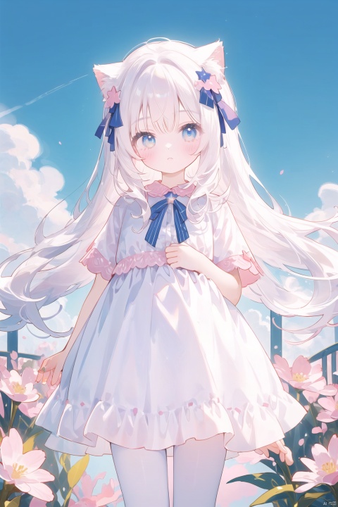  A girl standing alone, wearing a dreamy dress, standing in front of a pure white background, expressionless.The picture style is a soft Pastel Kawaii style, with warm and soft colors.The girl's hair accessory is decorated with star barrettes, and behind her are dreamy unicorns and clouds.Her clothes are quintessentially Kawaii, full of Harajuku, decorated with lace, bows, and cute colors.There are also shimmering lights and angelic elements and stars incorporated into the image.The girl's hair is a pastel shade and she is wearing loose-fitting street fashion clothing, with one of her hands hidden.Her long white hair is tied with a wide pink bow, giving off a Cuteloli vibe.The picture quality is extremely high, delicately capturing the body curves of a young girl, as if she were a Russian girl.She is 17 years old, has long flowing hair, and wears a lacy tights and lace skirt.Her hair is decorated with exquisite ornaments, her eyes are beautiful, and the whole picture is full of beauty and aesthetics.The reso