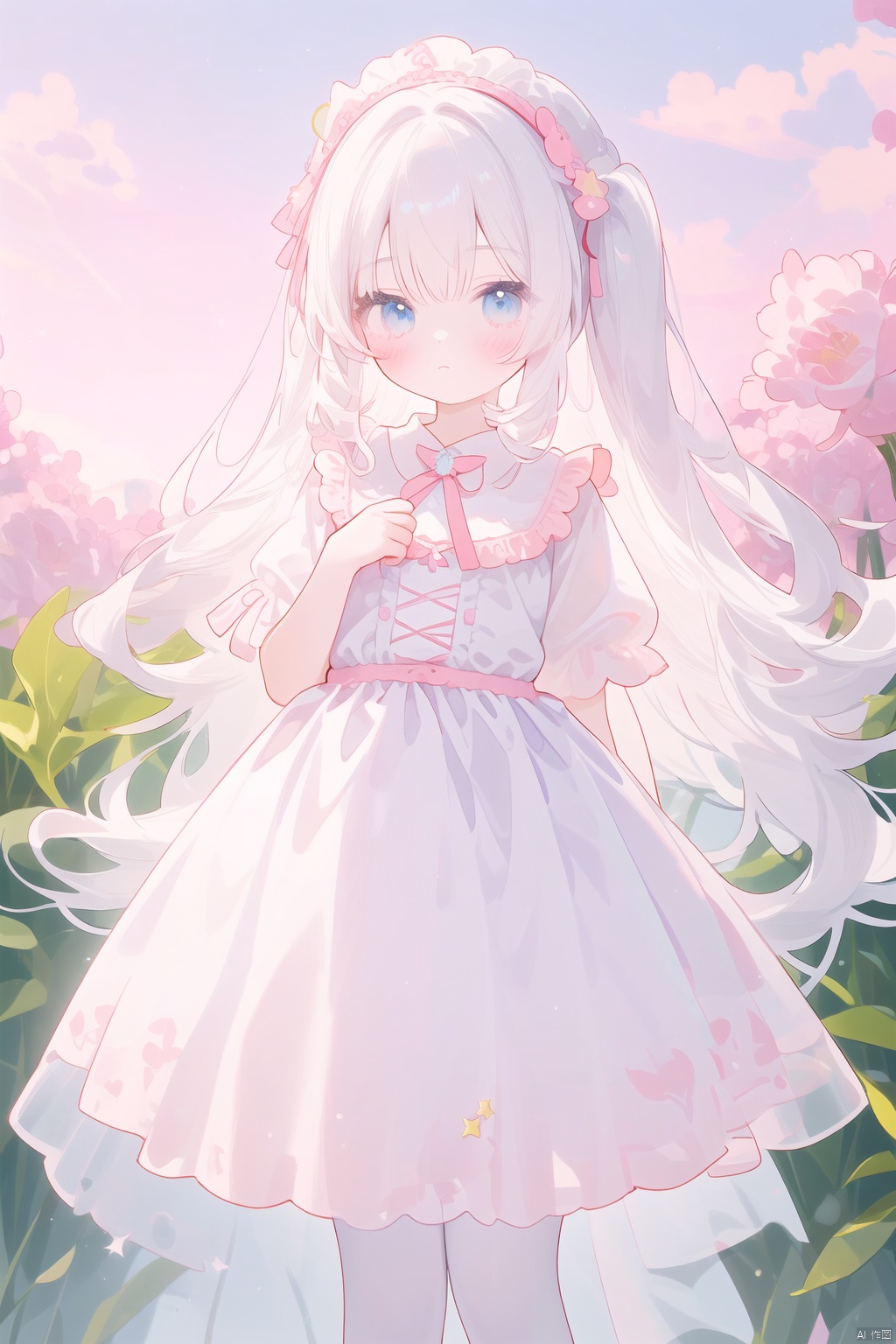 A girl standing alone, wearing a dreamy dress, standing in front of a pure white background, expressionless.The picture style is a soft Pastel Kawaii style, with warm and soft colors.The girl's hair accessory is decorated with star barrettes, and behind her are dreamy unicorns and clouds.Her clothes are quintessentially Kawaii, full of Harajuku, decorated with lace, bows, and cute colors.There are also shimmering lights and angelic elements and stars incorporated into the image.The girl's hair is a pastel shade and she is wearing loose-fitting street fashion clothing, with one of her hands hidden.Her long white hair is tied with a wide pink bow, giving off a Cuteloli vibe.The picture quality is extremely high, delicately capturing the body curves of a young girl, as if she were a Russian girl.She is 17 years old, has long flowing hair, and wears a lacy tights and lace skirt.Her hair is decorated with exquisite ornaments, her eyes are beautiful, and the whole picture is full of beauty and aesthetics.The reso