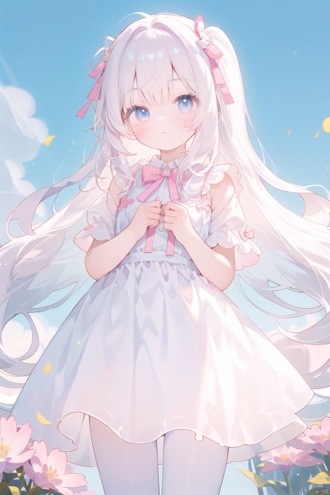 A girl standing alone, wearing a dreamy dress, standing in front of a pure white background, expressionless.The picture style is a soft Pastel Kawaii style, with warm and soft colors.The girl's hair accessory is decorated with star barrettes, and behind her are dreamy unicorns and clouds.Her clothes are quintessentially Kawaii, full of Harajuku, decorated with lace, bows, and cute colors.There are also shimmering lights and angelic elements and stars incorporated into the image.The girl's hair is a pastel shade and she is wearing loose-fitting street fashion clothing, with one of her hands hidden.Her long white hair is tied with a wide pink bow, giving off a Cuteloli vibe.The picture quality is extremely high, delicately capturing the body curves of a young girl, as if she were a Russian girl.She is 17 years old, has long flowing hair, and wears a lacy tights and lace skirt.Her hair is decorated with exquisite ornaments, her eyes are beautiful, and the whole picture is full of beauty and aesthetics.The reso