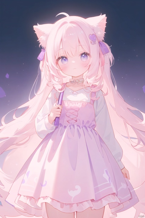 A young girl stands alone, dressed in a gorgeous dress, with a deep night sky in the background. Her face is expressionless, with a soft filter effect, presenting a mysterious and dreamy atmosphere. Her hair accessories are scattered like purple clouds intertwined with dreamy unicorns, emitting a charming aura. Her clothing combines Harajuku style with sweet elements, featuring pink ribbons and unicorn patterns, with soft and dreamy colors.The girl's hair presents a blend of deep purple and light pink, paired with exquisite purple bows, adding a touch of mystery and sweetness. Her figure is perfectly outlined by tight fitting clothes and fluffy skirts, showcasing a unique street fashion style. On her left hand, some bandages are cleverly hidden, adding a touch of mystery to the overall design.The focus of the picture is completely on the young girl, her eyes deep and charming, full of artistic sense. Her ears drooped slightly, giving people a gentle and friendly feeling. The overall color scheme of the picture is mainly purple and pink, bright and vivid, with sharp focus. It adopts a physics based rendering method to vividly display the girl's figure.This is a high-definition full body photo, detailed to the point where hair decorations are clearly visible. The perfect combination of the beauty of the young girl and her unique aesthetic creates an intoxicating scene, as if taking the viewer into a dreamy world intertwined with purple and pink.