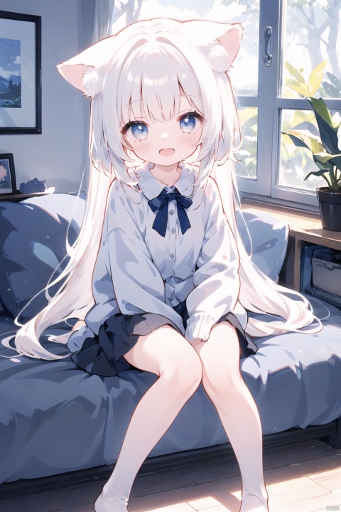 1girl, solo, long hair, looking at viewer, blush, smile, open mouth, bangs, skirt, shirt, long sleeves, holding, animal ears, sitting, very long hair, tail, white shirt, white hair, :d, pleated skirt, open clothes, fang, puffy sleeves, collared shirt, indoors, cat ears, black skirt, animal ear fluff, grey eyes, window, dress shirt, feet out of frame, stuffed toy, stuffed animal, plant, cat girl, puffy long sleeves, potted plant