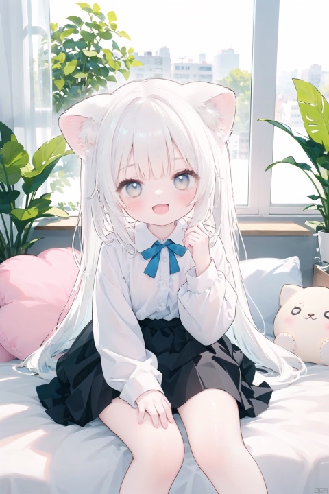 1girl, solo, long hair, looking at viewer, blush, smile, open mouth, bangs, skirt, shirt, long sleeves, holding, animal ears, sitting, very long hair, tail, white shirt, white hair, :d, pleated skirt, open clothes, fang, puffy sleeves, collared shirt, indoors, cat ears, black skirt, animal ear fluff, grey eyes, window, dress shirt, feet out of frame, stuffed toy, stuffed animal, plant, cat girl, puffy long sleeves, potted plant