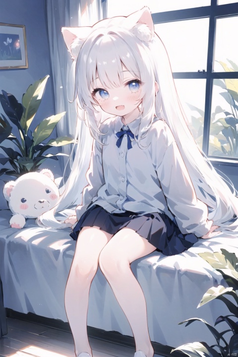 1girl, solo, long hair, looking at viewer, blush, smile, open mouth, bangs, skirt, shirt, long sleeves, holding, animal ears, sitting, very long hair, tail, white shirt, white hair, :d, pleated skirt, open clothes, fang, puffy sleeves, collared shirt, indoors, cat ears, black skirt, animal ear fluff, grey eyes, window, dress shirt, feet out of frame, stuffed toy, stuffed animal, plant, cat girl, puffy long sleeves, potted plant