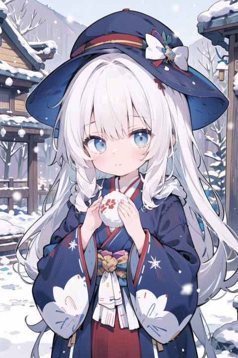 1girl, solo, long hair, looking at viewer, blue eyes, long sleeves, hat, holding, closed mouth, upper body, grey hair, outdoors, japanese clothes, hood, wide sleeves, kimono, snow, snowing, snowflakes, uchikake