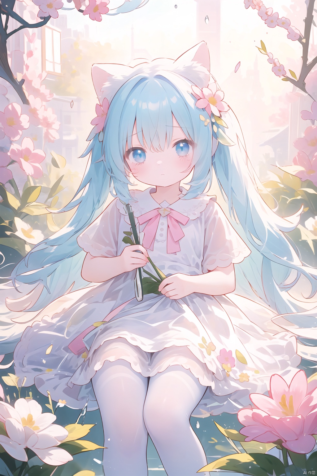  8k Wallpaper,grand,(((masterpiece))), (((best quality))), ((ultra-detailed)), (illustration), ((an extremely delicate and beautiful)),dynamic angle,rainbow hair,detailed cute anime face,((loli)),(((masterpiece))),an extremely delicate and beautiful girl,flower,cry,water,corrugated,flowers tire,broken glass,(broken screen),atlantis,transparent glass, ears down, loli, 1girl, white pantyhose