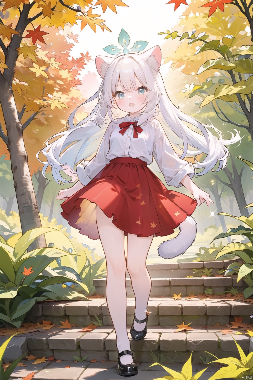 In this autumn afternoon, the sun shines through the gaps in the leaves and shines on a special girl.She has a pair of pointed cat ears and a soft cat tail, which adds a bit of mystery and playfulness to her.Her face is delicate and delicate, and her eyes are as clear as cat eyes, sparkling with curiosity and agility.The girl was wearing an autumn-style dress, and the skirt swayed gently with her steps, as if she was dancing with the wind.The design of the skirt is delicate and elegant, with exquisite embroidered patterns that complement her cat ears and tail.The color of the skirt is mainly warm tones, which perfectly blends with the surrounding autumn scenery, presenting a warm and harmonious feeling.The surroundings are equally intoxicating.The girl was in a golden forest, with fallen leaves covering the ground, making a rustling sound when stepped on.The sun shone on her through the leaves, casting a golden halo on her.Around her, there are several cute little animals playing, adding a bit of liveliness