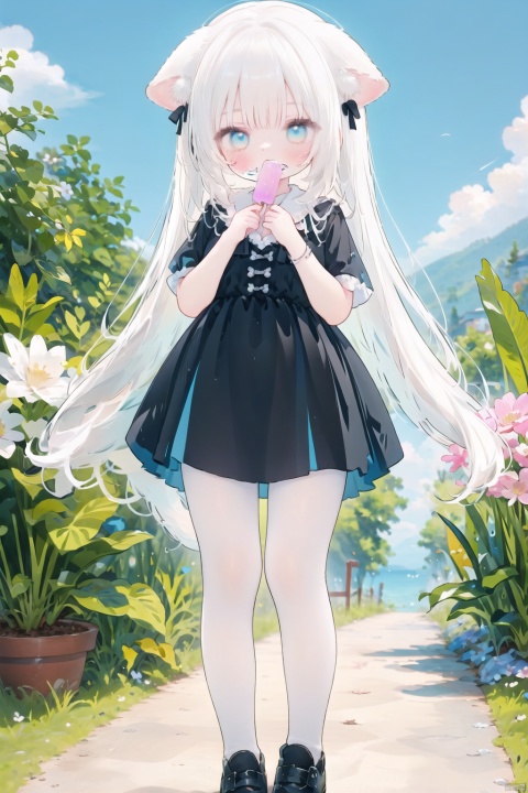 1girl, solo, long hair, looking at viewer, blush, bangs, blue eyes, dress, bow, holding, animal ears, very long hair, standing, tail, full body, flower, white hair, short sleeves, pantyhose, outdoors, frills, parted lips, food, sky, shoes, day, puffy sleeves, cloud, cat ears, hand up, black footwear, white dress, blue sky, puffy short sleeves, cat tail, animal ear fluff, black bow, frilled dress, holding food, white flower, cat girl, red flower, building, mary janes, white pantyhose, popsicle