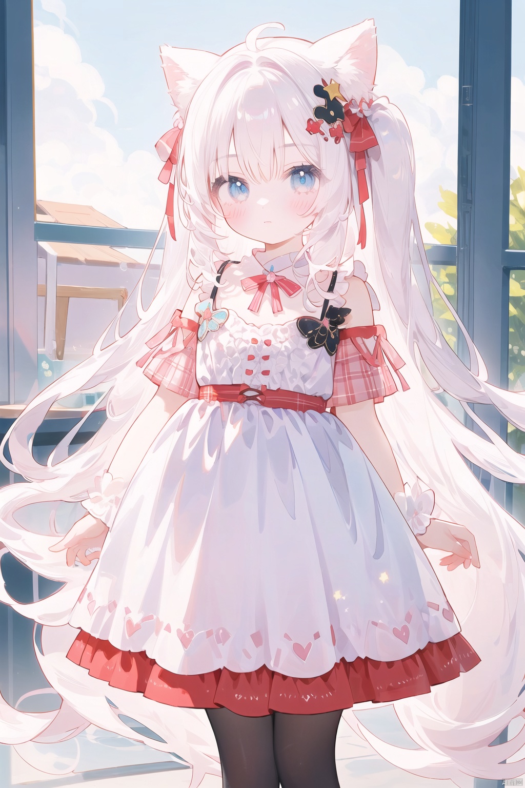 A girl standing alone, wearing a dreamy dress, standing in front of a pure white background, expressionless.The picture style is a soft Pastel Kawaii style, with warm and soft colors.The girl's hair accessory is decorated with star barrettes, and behind her are dreamy unicorns and clouds.Her clothes are quintessentially Kawaii, full of Harajuku, decorated with lace, bows, and cute colors.There are also shimmering lights and angelic elements and stars incorporated into the image.The girl's hair is a pastel shade and she is wearing loose-fitting street fashion clothing, with one of her hands hidden.Her long white hair is tied with a wide pink bow, giving off a Cuteloli vibe.The picture quality is extremely high, delicately capturing the body curves of a young girl, as if she were a Russian girl.She is 17 years old, has long flowing hair, and wears a lacy tights and lace skirt.Her hair is decorated with exquisite ornaments, her eyes are beautiful, and the whole picture is full of beauty and aesthetics.The reso