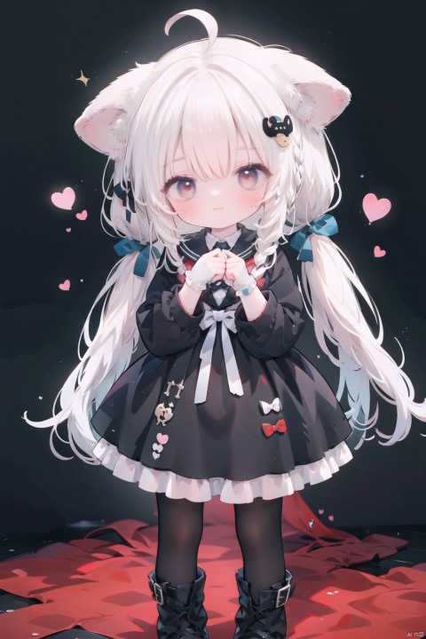 1girl, solo, long hair, looking at viewer, blush, smile, bangs, hair ornament, red eyes, gloves, long sleeves, dress, bow, holding, animal ears, hair between eyes, twintails, very long hair, blue hair, standing, full body, braid, ahoge, hair bow, heart, pantyhose, boots, one eye closed, black gloves, cat ears, chibi, black footwear, black dress, red bow, animal ear fluff, black pantyhose, black bow, low twintails, animal, cat girl
