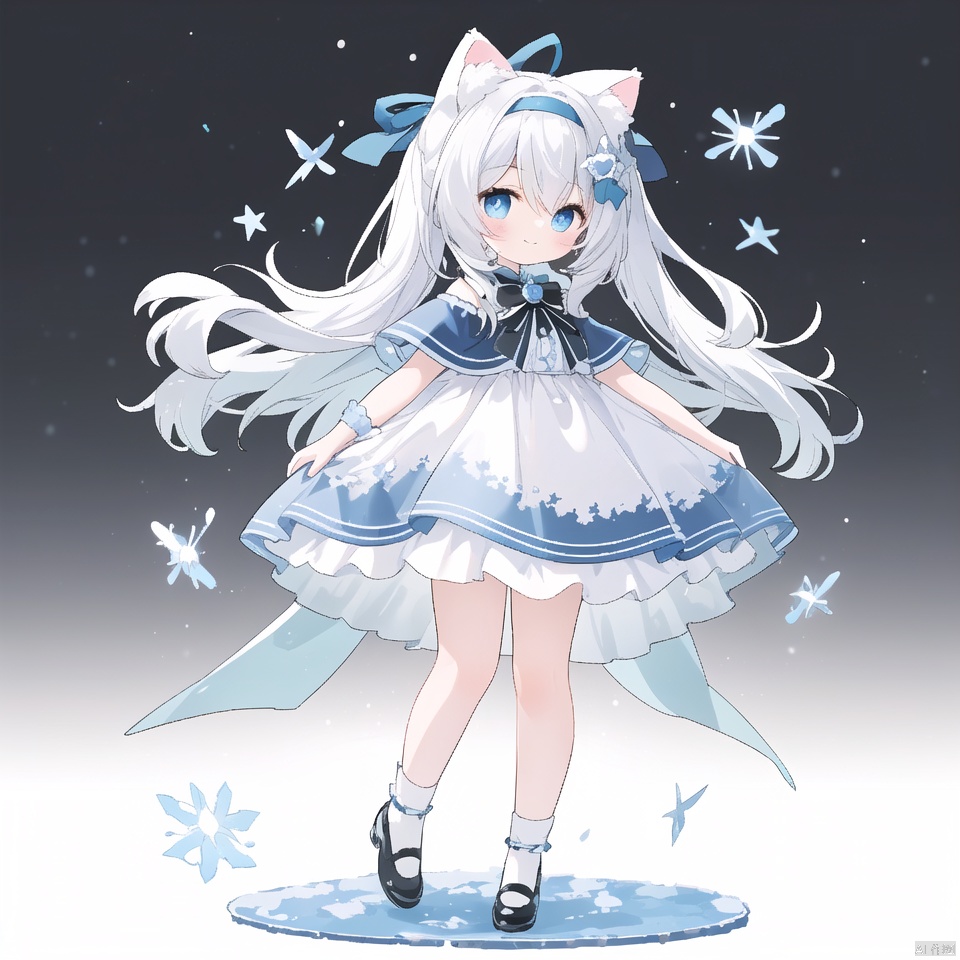 girl, sky-blue eyes, light blue hair, fluffy cat ears, slight smile, headband, long hair, Hair dotted with scattered white flowers, wearing white and blue dress, wearing white socks, wearing blue shoes, Behind a sky-blue bow ribbon, standing, dance movements, snow background, falling snow, the perfect hexagonal pattern of snowflakes, a snowman in the background, HD, high quality, exquisite characterization, depth of field, slightly blurred background, focus,