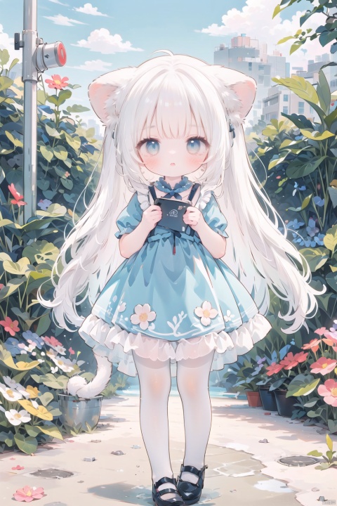  1girl, solo, long hair, looking at viewer, blush, bangs, blue eyes, shirt, dress, holding, animal ears, very long hair, standing, tail, full body, white shirt, flower, white hair, short sleeves, pantyhose, outdoors, frills, parted lips, shoes, puffy sleeves, cat ears, puffy short sleeves, animal ear fluff, blue dress, frilled dress, plant, white flower, child, extra ears, mary janes, white pantyhose, blue footwear, female child, pigeon-toed, cat