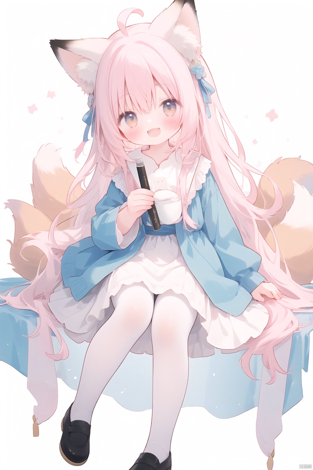  1girl, solo, long hair, looking at the audience, blushing, smiling, open mouth, bangs, skirt, shirt, long sleeves, dress, holding, animal ears, brown eyes, sitting, very long hair, tail, white shirt, pink hair, :d, headband, ruffles, fang, puffy sleeves, virtual youtuber, official alternate costume, sides up, blue skirt, animal ear fluff, fox ears, fox tail, fox girl, multiple tails, fluffy long sleeves, pen, blue headband, ruffled headband, kitsune,,,,,1girl, solo, long hair, looking at viewer, blush, bangs, skirt, blond hair, simple background, shirt, long sleeves, white background, holding, animal ears, hair between eyes, closed mouth, standing, tail ,full body, ahoge, white hair, pantyhose, multicolored hair, headband, shoes, alternative clothing, sides up, animal ear plush, fox ears, fox tail, fox girl, multiple tails, children, pink skirt, white pantyhose, blue shoes, white board, girl, blue headband, fox, kyuubi, holding white board, loli, 1girl