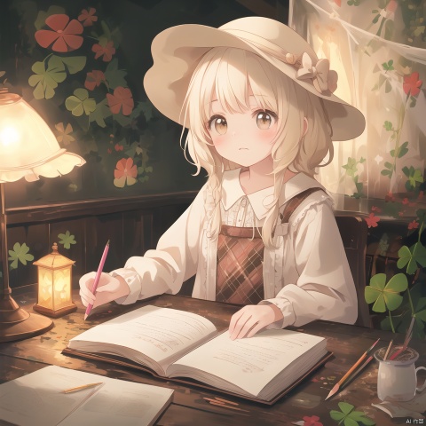 A marvelous scene unfolds: a girl with a hat and cream-colored hair sits in the middle of a tapestry of art supplies. Her eyes sparkle with a passion for creation, illuminated by the warm glow of a soft glass lamp. Holding a colored pencil in her hand, she thoughtfully brings her artistic vision to life on paper. Pencils and an open book are scattered on the wooden table, while white pantyhose add a touch of elegance. The four-leaf clover pattern on the wall creates a cozy atmosphere and a sense of tranquility for the subject. The camera captures every detail with excellent quality and depth of field, highlighting her temperament.