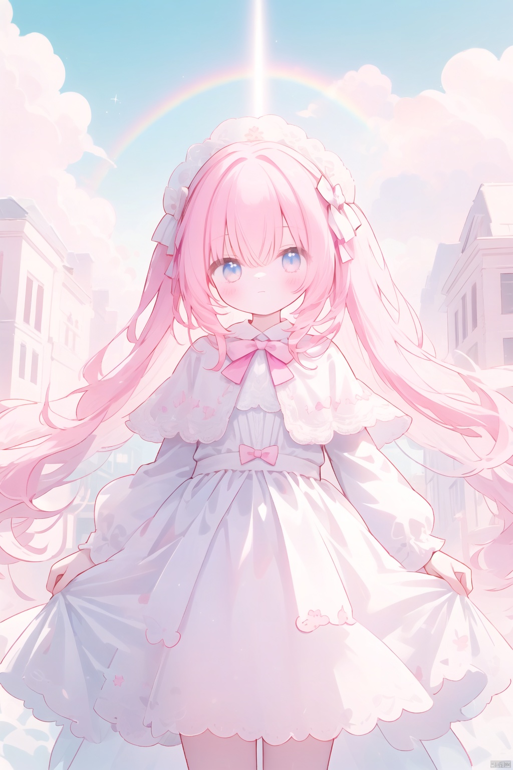  Theme and Characters:Girl, white long dress, white clothes, pink shawl, pink hair accessories, white large bow back decoration, pink small bow tied on the waist, white small bow tied on the hair.Skirt hem and details: The skirt hem is as light as clouds, with layered folds and exquisite lace edges.Background and Environment: Fantastic background, ethereal clouds and mist, brilliant rainbows, mysterious buildings, and natural color schemes.Detail handling: Clear hair, clear and bright eyes, fair and delicate skin.Image quality and style: High definition and delicate, full color, natural and three-dimensional light and shadow, beautiful and romantic, fairy like temperament.