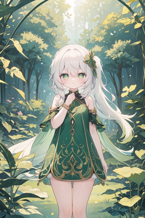 Using green as the theme, it shows a female character with an oriental face, long black hair and green eyes.She wore a green-toned gown decorated with natural elements and botanical patterns, green stones and nature-inspired jewelry.Nacieda is shown standing in a forest or garden, surrounded by green grass and a vibrant natural environment in the background.The entire image should display a natural, fresh and vibrant atmosphere, using soft sunlight and green shades, and the artistic style can be naturalistic or watercolor.