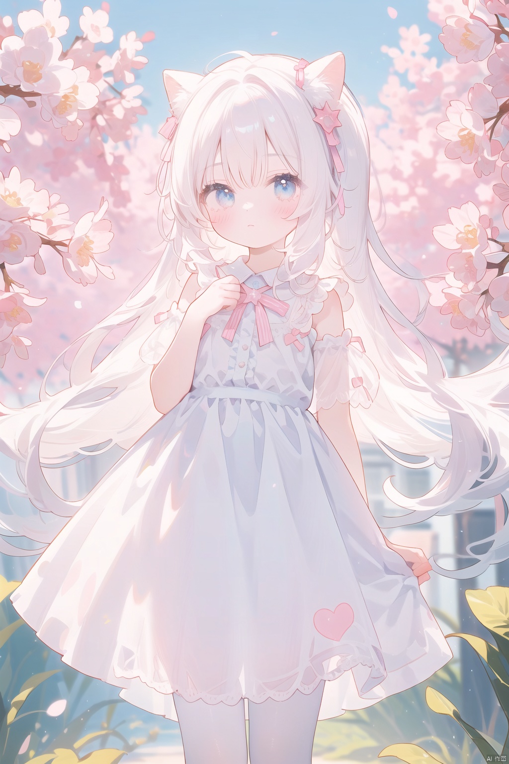 A girl standing alone, wearing a dreamy dress, standing in front of a pure white background, expressionless.The picture style is a soft Pastel Kawaii style, with warm and soft colors.The girl's hair accessory is decorated with star barrettes, and behind her are dreamy unicorns and clouds.Her clothes are quintessentially Kawaii, full of Harajuku, decorated with lace, bows, and cute colors.There are also shimmering lights and angelic elements and stars incorporated into the image.The girl's hair is a pastel shade and she is wearing loose-fitting street fashion clothing, with one of her hands hidden.Her long white hair is tied with a wide pink bow, giving off a Cuteloli vibe.The picture quality is extremely high, delicately capturing the body curves of a young girl, as if she were a Russian girl.She is 17 years old, has long flowing hair, and wears a lacy tights and lace skirt.Her hair is decorated with exquisite ornaments, her eyes are beautiful, and the whole picture is full of beauty and aesthetics.The reso