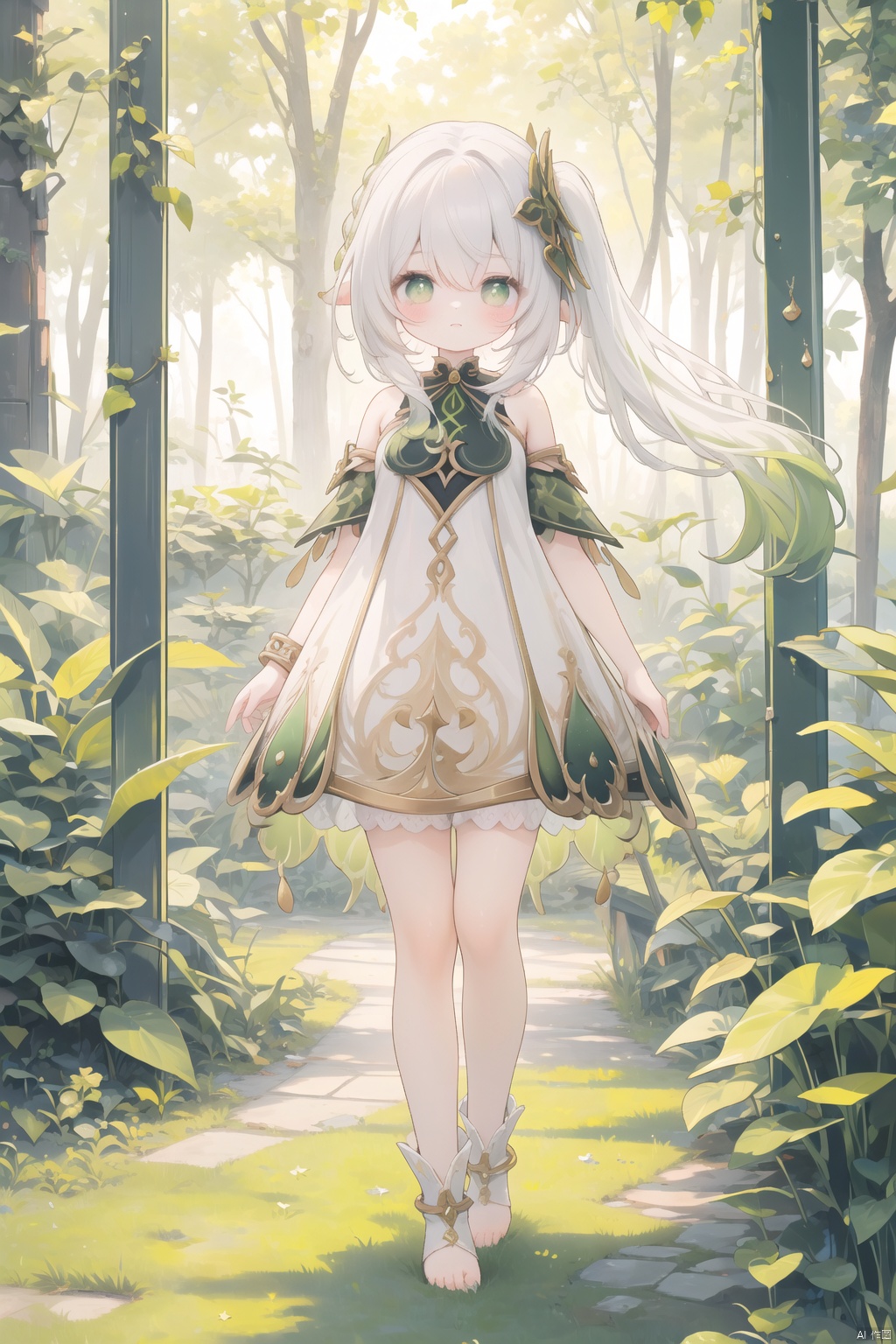 Using green as the theme, it shows a female character with an oriental face, long black hair and green eyes.She wore a green-toned gown decorated with natural elements and botanical patterns, green stones and nature-inspired jewelry.Nacieda is shown standing in a forest or garden, surrounded by green grass and a vibrant natural environment in the background.The entire image should display a natural, fresh and vibrant atmosphere, using soft sunlight and green shades, and the artistic style can be naturalistic or watercolor.