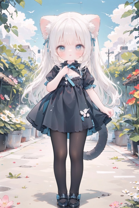  1girl, solo, long hair, looking at viewer, blush, bangs, blue eyes, shirt, dress, holding, animal ears, very long hair, standing, tail, full body, white shirt, flower, white hair, short sleeves, pantyhose, outdoors, frills, parted lips, shoes, puffy sleeves, cat ears, puffy short sleeves, animal ear fluff, blue dress, frilled dress, plant, white flower, child, extra ears, mary janes, white pantyhose, blue footwear, female child, pigeon-toed, cat